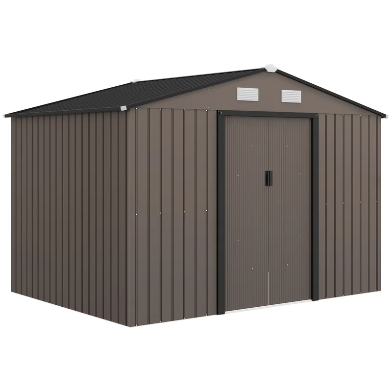 Outsunny Caseta de Jardín Exterior 4,9 m², 277x195x192 cm, Cobertizo de Jardín Exterior Metálico con Puerta Corredera, Ventilación y Kit de Fundación, para Almacenamiento de Herramientas, Marrón