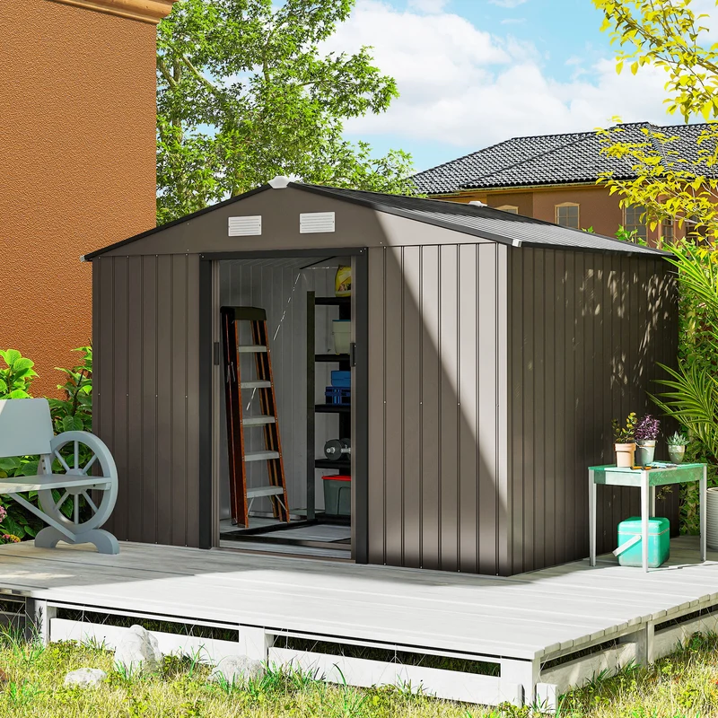Outsunny Caseta de Jardín Exterior 4,9 m², 277x195x192 cm, Cobertizo de Jardín Exterior Metálico con Puerta Corredera, Ventilación y Kit de Fundación, para Almacenamiento de Herramientas, Marrón
