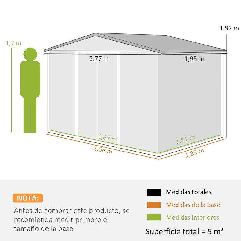 Outsunny Caseta de Jardín Exterior 4,9 m², 277x195x192 cm, Cobertizo de Jardín Exterior Metálico con Puerta Corredera, Ventilación y Kit de Fundación, para Almacenamiento de Herramientas, Marrón