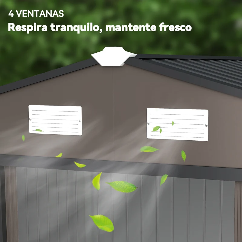 Outsunny Caseta de Jardín Exterior 4,9 m², 277x195x192 cm, Cobertizo de Jardín Exterior Metálico con Puerta Corredera, Ventilación y Kit de Fundación, para Almacenamiento de Herramientas, Marrón