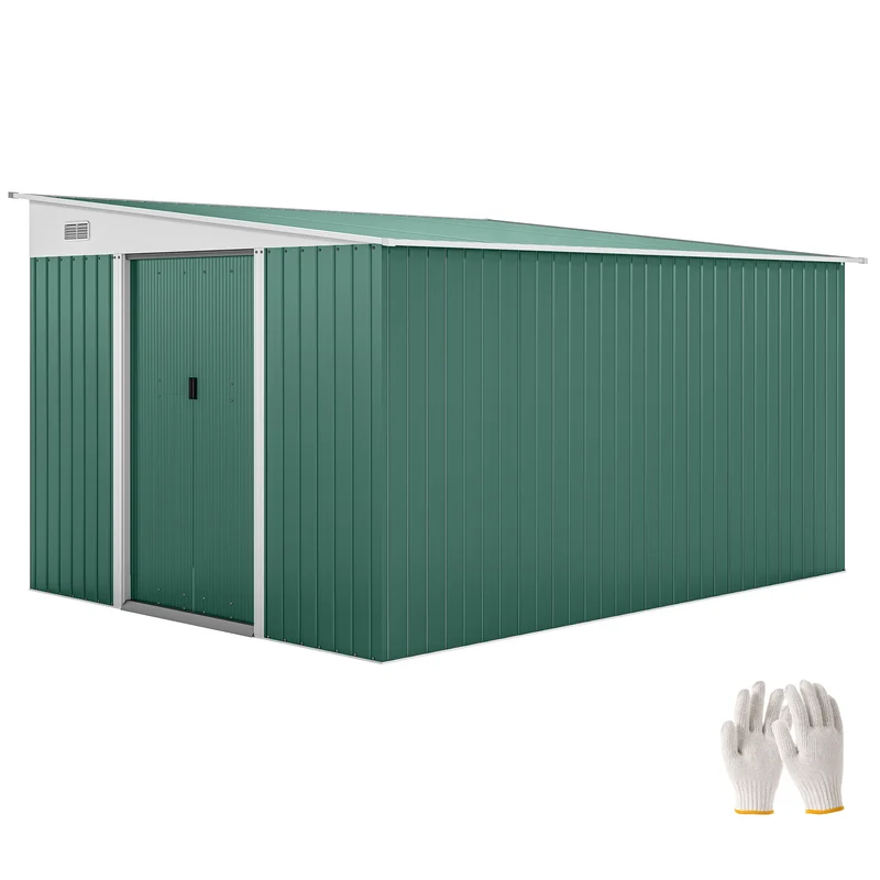 Outsunny Cobertizo de Jardín Exterior 8,9 m² 280x345x201 cm Caseta de Jardín Exterior Metálica con 2 Puertas Corredizas y 2 Ventanas para Almacenamiento de Herramientas Verde