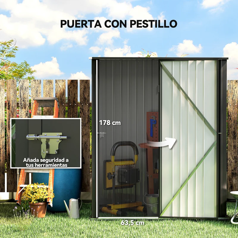 Outsunny Cobertizo de Jardín Exterior 1,34 m² 161,5x94,5x196 cm Caseta de Jardín Exterior Metálica con 1 Puerta y Cerradura para Almacenamiento de Herramientas para Patio Terraza Negro Carbón