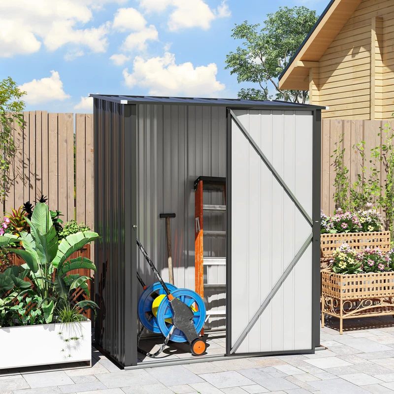 Outsunny Cobertizo de Jardín Exterior 1,34 m² 161,5x94,5x196 cm Caseta de Jardín Exterior Metálica con 1 Puerta y Cerradura para Almacenamiento de Herramientas para Patio Terraza Negro Carbón