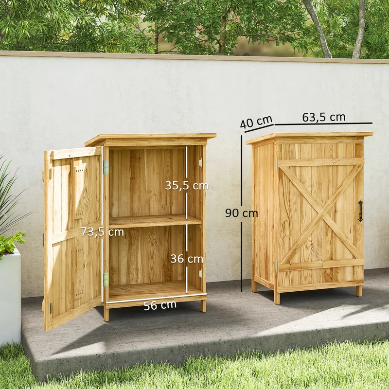 Outsunny Caseta de Jardín de Madera 63,5x40x90 cm Cobertizo Jardín Exterior Armario para Almacenaje de Herramientas con 2 Estantes Puerta Estilo Granero y Techo de Acero Galvanizado Natural