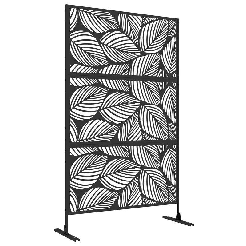 Outsunny Biombo Exterior Con 3 Piezas Patrón De Hoja Grande 122x45x198cm Negro