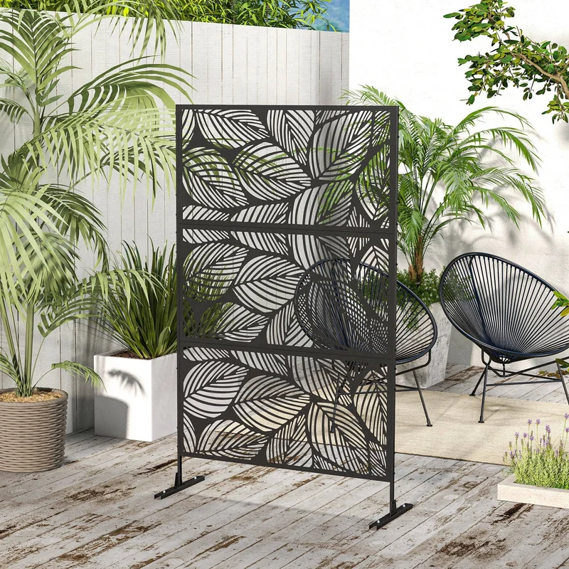 Outsunny Biombo Exterior Con 3 Piezas Patrón De Hoja Grande 122x45x198cm Negro