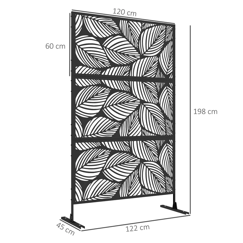 Outsunny Biombo Exterior Con 3 Piezas Patrón De Hoja Grande 122x45x198cm Negro