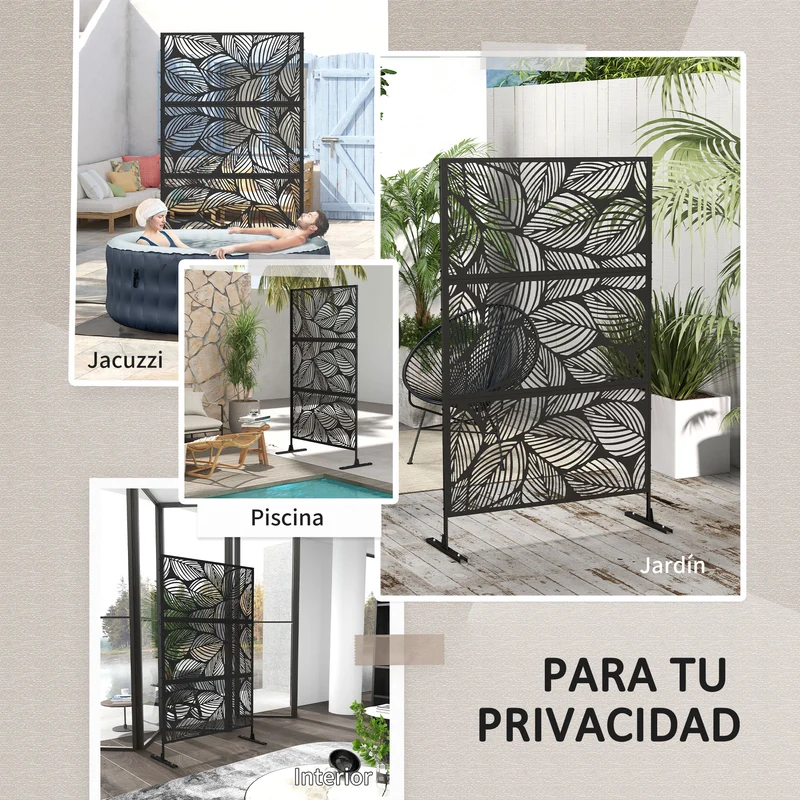 Outsunny Biombo Exterior Con 3 Piezas Patrón De Hoja Grande 122x45x198cm Negro