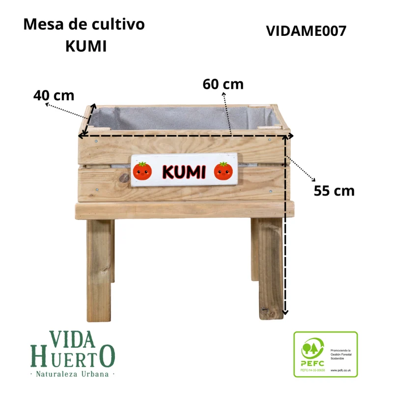 Mesa De Cultivo Kumi Profunda 20cm Vidahuerto Infantil 60x40x55 Cm.