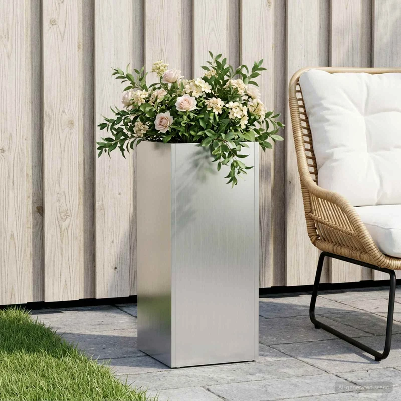 Macetero De Jardín Plateado 20 X 20 X 50 Cm Acero Galvanizado