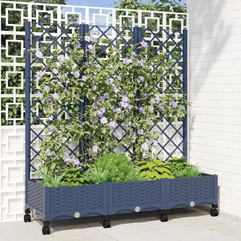 Jardinera Con Enrejado Y Ruedas Gris Azulado Pp