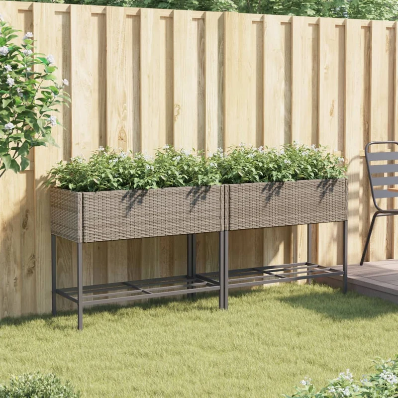 Jardineras Con Estante 2 Uds Ratán Sintético Gris 90x40x75 Cm