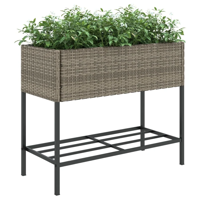 Jardineras Con Estante 2 Uds Ratán Sintético Gris 90x40x75 Cm