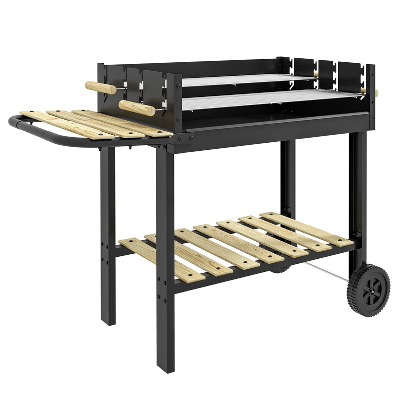 Outsunny Barbacoa de Carbón, Barbacoa Portátil, 113x53,5x82,5 cm, con 2 Parrillas Alturas Ajustables, Mesa Lateral, Estante y Ruedas, para Jardín o Fiesta al Aire Libre, Negro