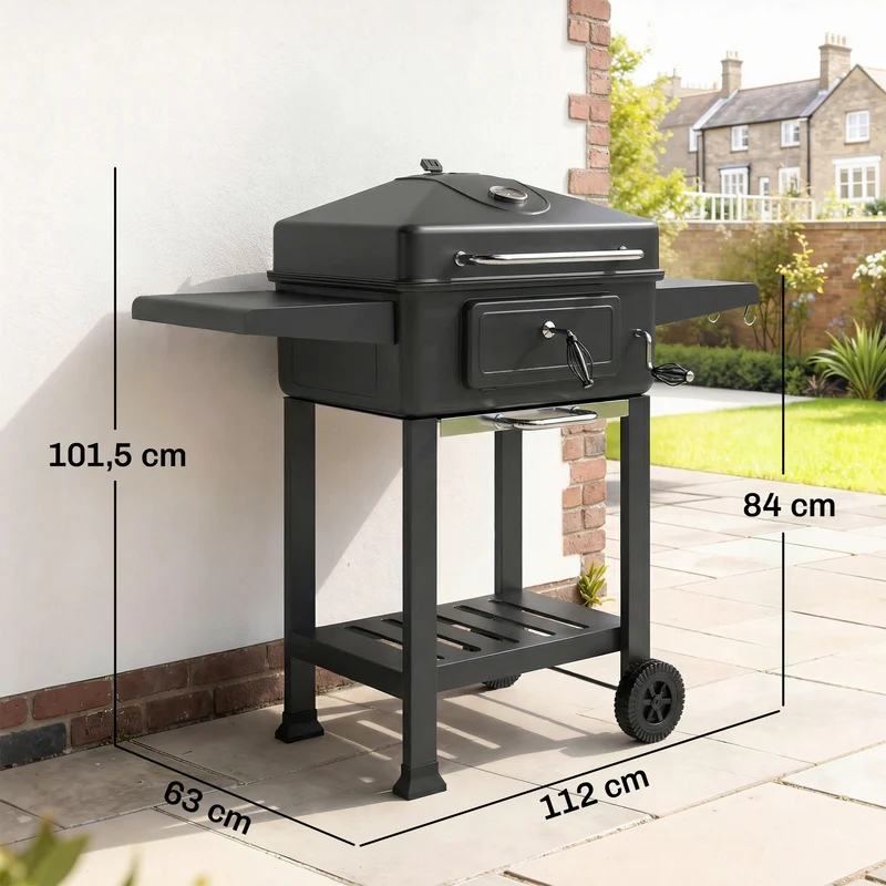 Outsunny Barbacoa de Carbón Portátil, Barbacoa de Carbón Móvil con Bandeja y Ventilación Ajustable, Estantes Laterales, Termómetro, Tapa, Cajón de Cenizas, Ruedas, Puerta Frontal, Asa, Negro
