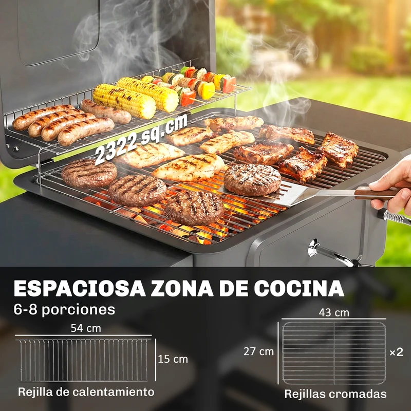 Outsunny Barbacoa de Carbón Portátil, Barbacoa de Carbón con Bandeja y Ventilación Ajustable, Gran Parrilla, Estantes Laterales, Termómetro, Tapa, Chimenea, Cajón de Cenizas, Ruedas, Puerta, Negro