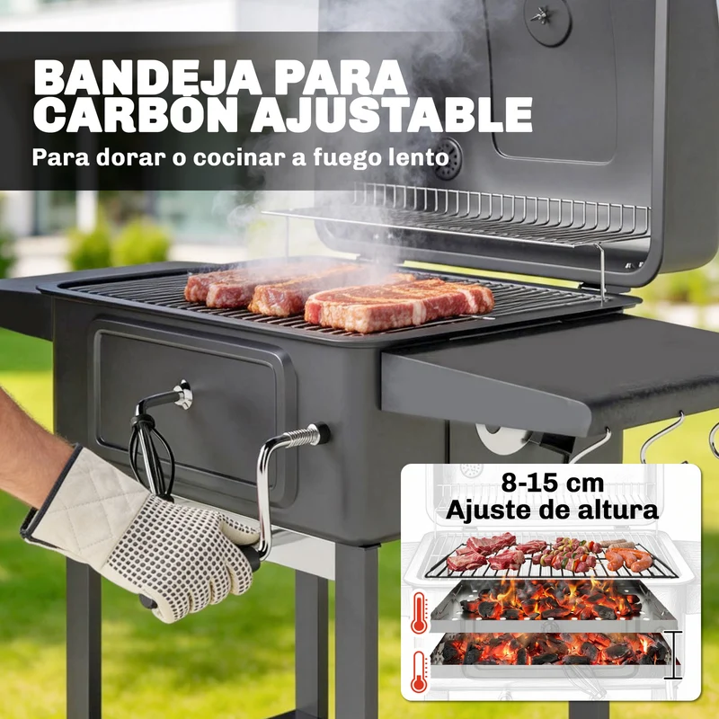 Outsunny Barbacoa de Carbón Portátil, Barbacoa de Carbón con Bandeja y Ventilación Ajustable, Gran Parrilla, Estantes Laterales, Termómetro, Tapa, Chimenea, Cajón de Cenizas, Ruedas, Puerta, Negro
