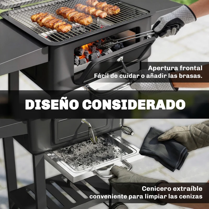 Outsunny Barbacoa de Carbón Portátil, Barbacoa de Carbón con Bandeja y Ventilación Ajustable, Gran Parrilla, Estantes Laterales, Termómetro, Tapa, Chimenea, Cajón de Cenizas, Ruedas, Puerta, Negro