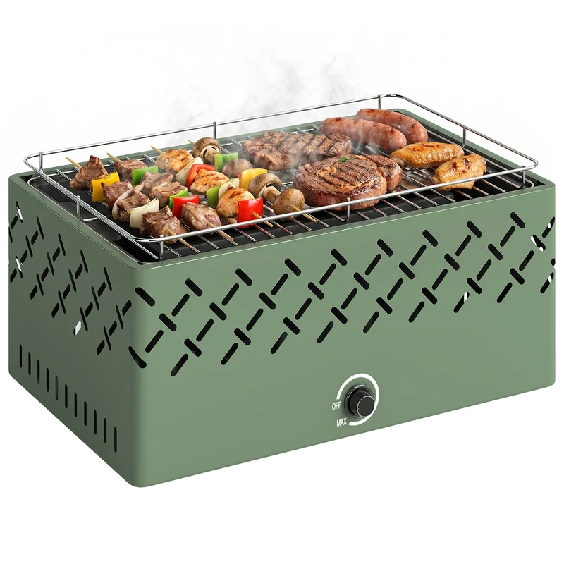 Outsunny Barbacoa de Carbón, Barbacoa Portátil, 45,5x29x21 cm, con Ventilador Integrado, Temperatura Ajustable y Bandeja de Carbón, para Camping, Picnic, Fiesta en Jardín, Verde Claro