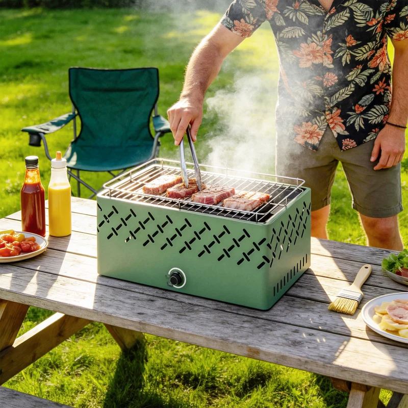 Outsunny Barbacoa de Carbón, Barbacoa Portátil, 45,5x29x21 cm, con Ventilador Integrado, Temperatura Ajustable y Bandeja de Carbón, para Camping, Picnic, Fiesta en Jardín, Verde Claro