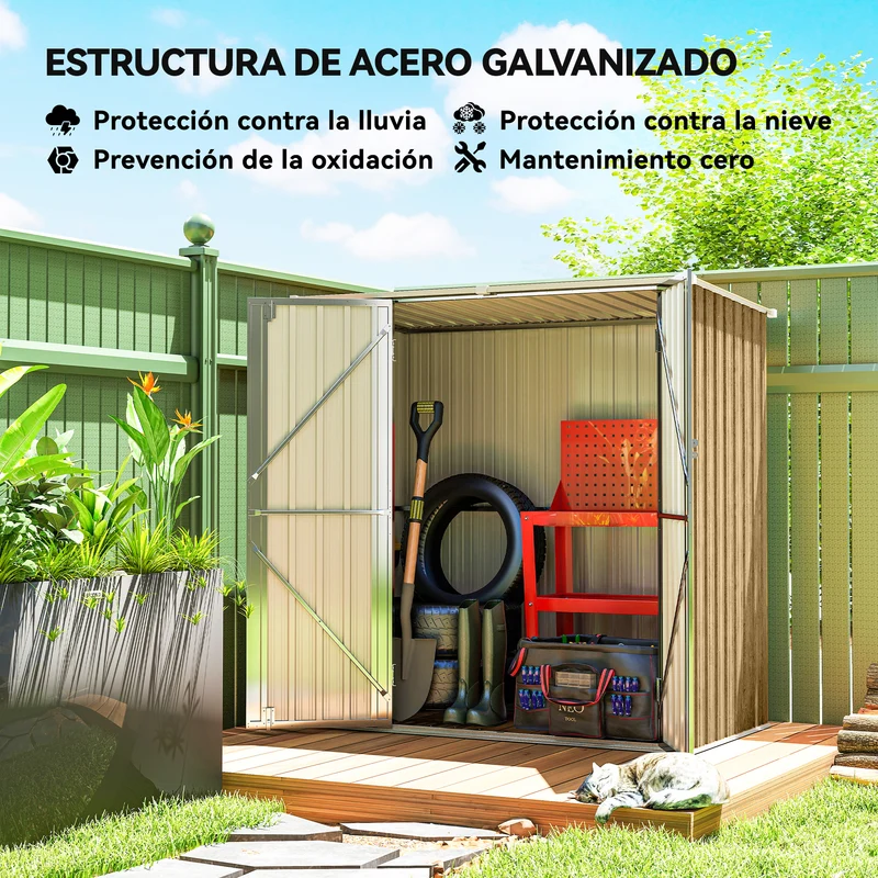 Outsunny Caseta de Jardín Exterior 1,37 m², 163x89x163 cm, Cobertizo de Jardín Exterior Metálico con Techo Inclinado, Puertas con Pestillo y Guantes para Almacenamiento de Herramientas, Marrón Claro