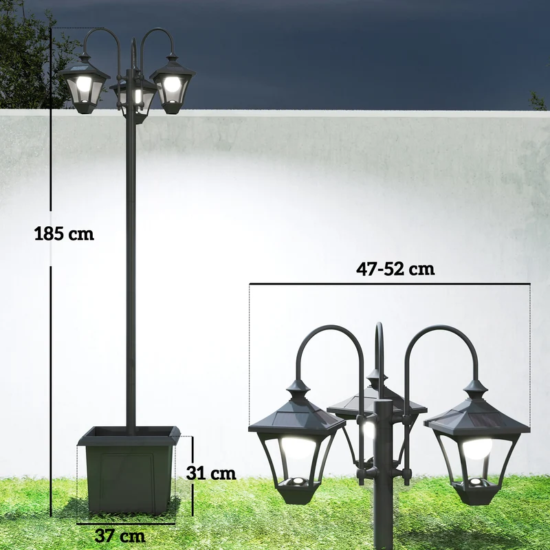 Outsunny Farola Solar Exterior de Jardín con Macetero 3 Cabezales Impermeable IP44 Encendido/Apagado Automático y Altura Ajustable Luz Solar de Exterior LED para Terraza Patio 52x52x185 cm Negro