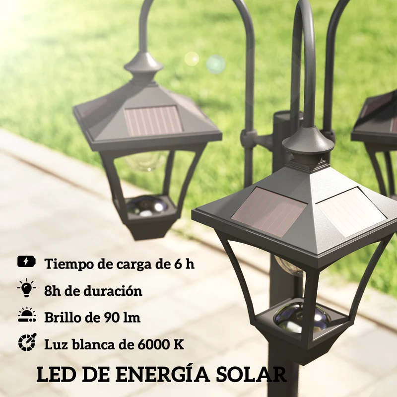 Outsunny Farola Solar Exterior de Jardín con Macetero 3 Cabezales Impermeable IP44 Encendido/Apagado Automático y Altura Ajustable Luz Solar de Exterior LED para Terraza Patio 52x52x185 cm Negro
