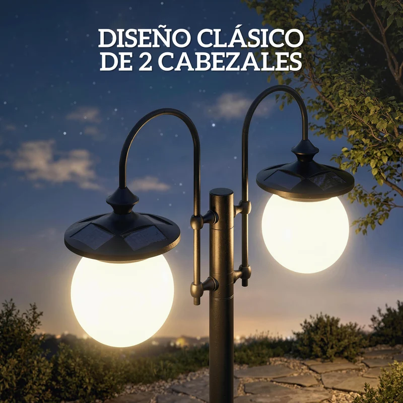 Outsunny Farola Solar Exterior de Jardín con Macetero 2 Cabezales Impermeable IP44 Encendido/Apagado Automático y Altura Ajustable Luz Solar de Exterior LED para Terraza Patio 53,5x30x182 cm Negro
