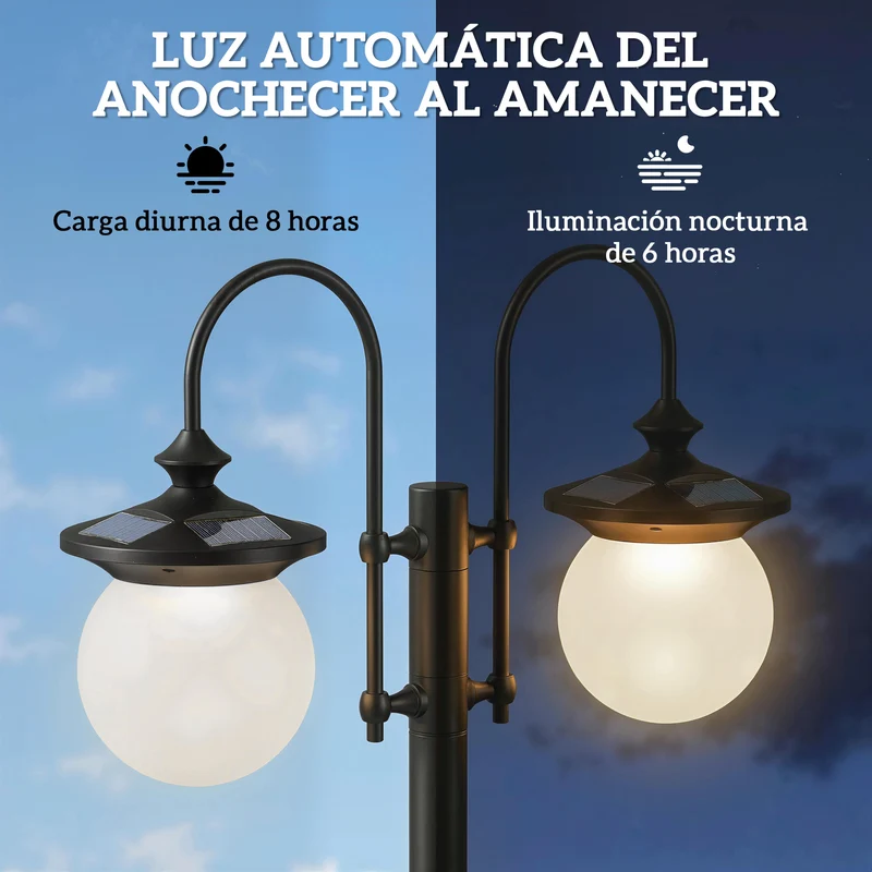 Outsunny Farola Solar Exterior de Jardín con Macetero 2 Cabezales Impermeable IP44 Encendido/Apagado Automático y Altura Ajustable Luz Solar de Exterior LED para Terraza Patio 53,5x30x182 cm Negro
