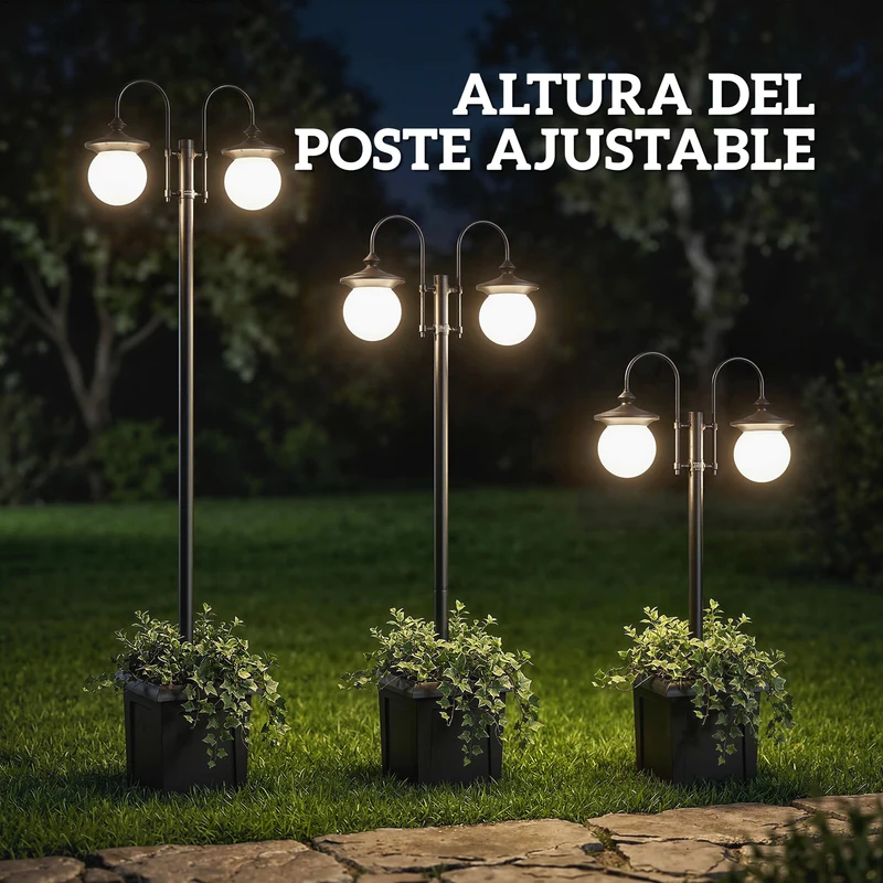 Outsunny Farola Solar Exterior de Jardín con Macetero 2 Cabezales Impermeable IP44 Encendido/Apagado Automático y Altura Ajustable Luz Solar de Exterior LED para Terraza Patio 53,5x30x182 cm Negro