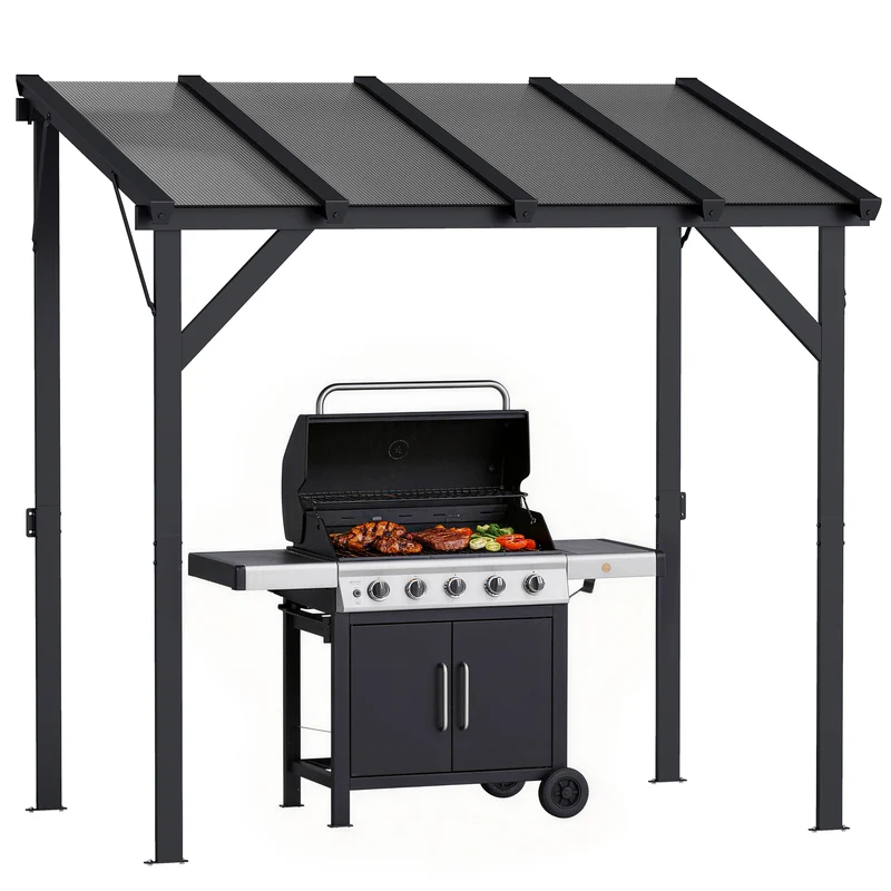Outsunny Carpa Barbacoa 2,5x1,5 m, Gazebo para Barbacoa con Techo Inclinable de Policarbonato, UPF50+, Estructura de Metal Galvanizado y Aluminio, Diseño Adosado para Jardín Exterior, BBQ, Gris Oscuro