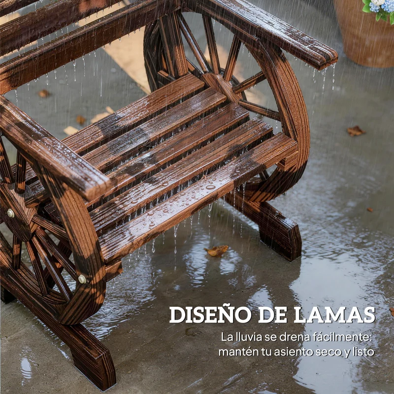 Outsunny Silla de Jardín de Madera de 2 Plazas, Silla Asiento con Brazos de Rueda de Vagón, Respaldo Inclinado, Estilo Rústico, Carga 120 kg, para Patio, Terraza, Parque, 66x55x90 cm, Carbonizado