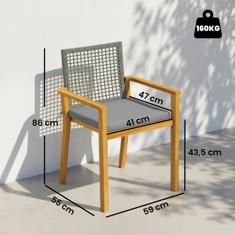 Outsunny Juego de 2 Sillas de Jardín Exterior de Madera, Sillas de Jardín Apilables con Cojines Desmontables, Brazos, Respaldo de Ratán PE, Carga 160 kg, para Terraza, 59x55x86 cm, Madera Natural
