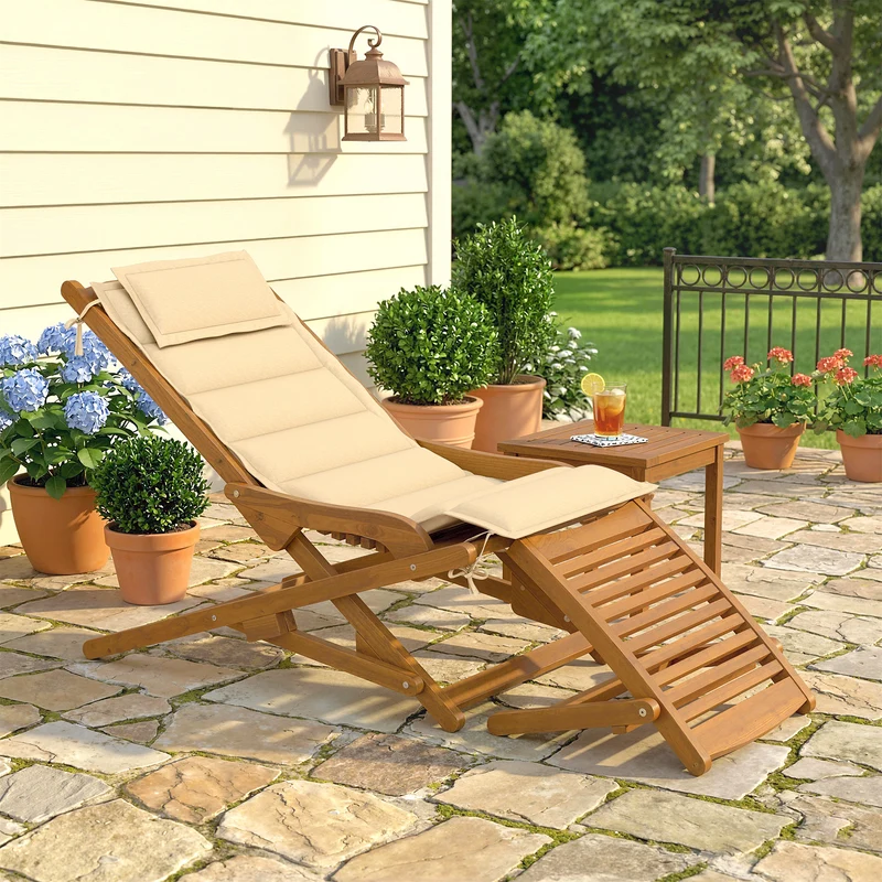 Outsunny Tumbona Silla Plegable de Madera de Acacia, Silla de Jardín Exterior con Reposapiés Desmontable y Cojín con Reposacabezas, Carga 160 kg, para Terraza, Patio, Playa, 158x61x70 cm, Beige