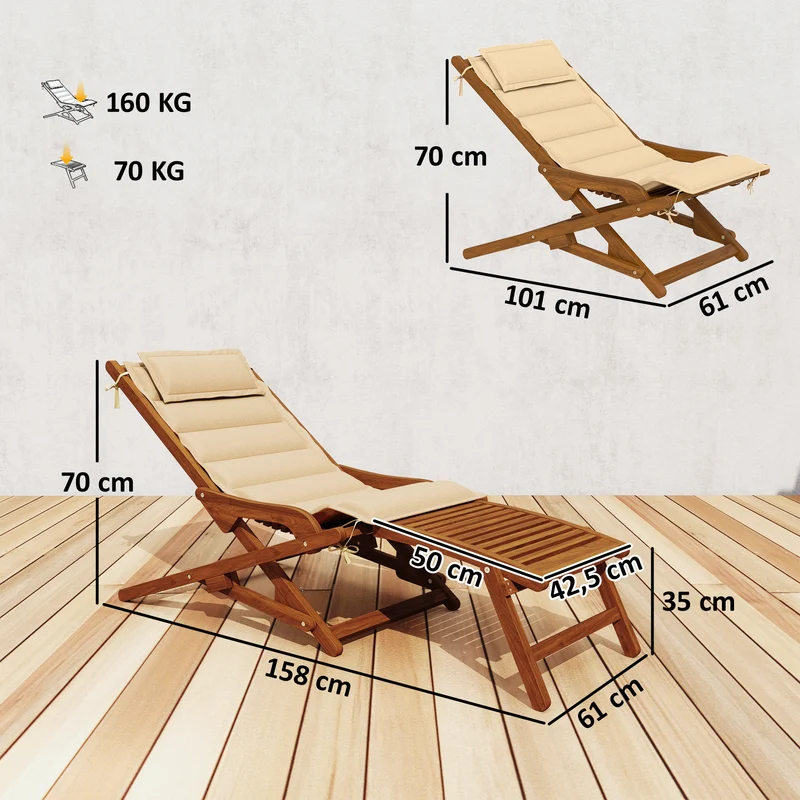 Outsunny Tumbona Silla Plegable de Madera de Acacia, Silla de Jardín Exterior con Reposapiés Desmontable y Cojín con Reposacabezas, Carga 160 kg, para Terraza, Patio, Playa, 158x61x70 cm, Beige