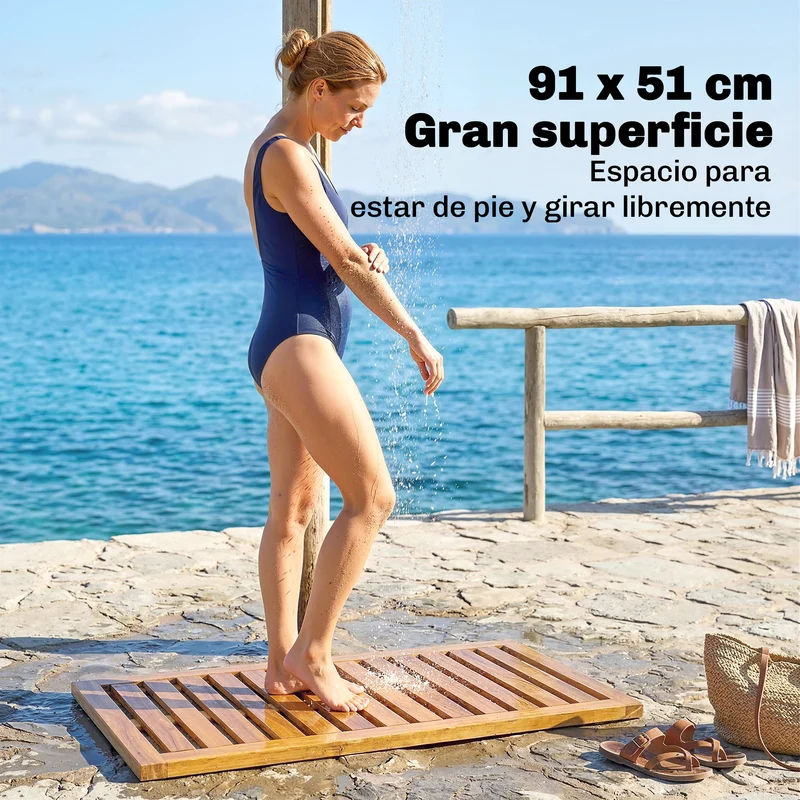 Outsunny Alfombrilla de Ducha de Madera de Acacia, 91x51 cm, Alfombra de Baño Antideslizante con Drenaje, Tarima de Ducha Interior y Exterior, para Baño, Spa, Jardín o Piscina