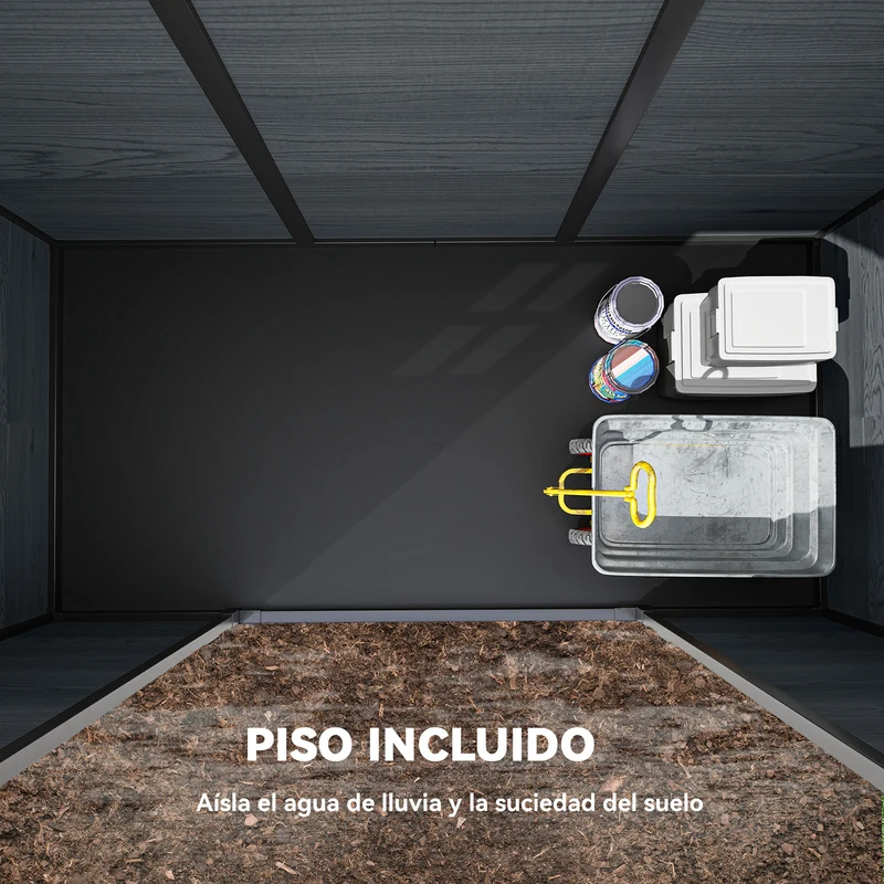 Outsunny Caseta de Jardín Exterior 2,77 m², 244x131x201 cm, Cobertizo de Jardín Exterior de Plástico con Suelo, Puertas con Pestillo, Ventanas y Ventilación para Almacenaje Herramientas, Gris Oscuro