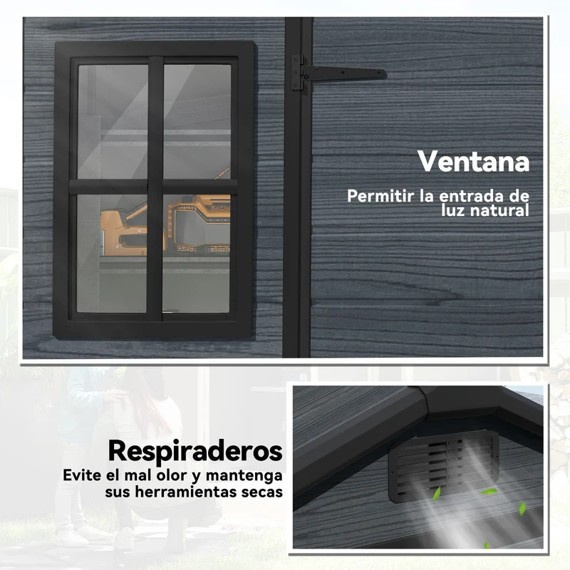 Outsunny Caseta de Jardín Exterior 2,77 m², 244x131x201 cm, Cobertizo de Jardín Exterior de Plástico con Suelo, Puertas con Pestillo, Ventanas y Ventilación para Almacenaje Herramientas, Gris Oscuro