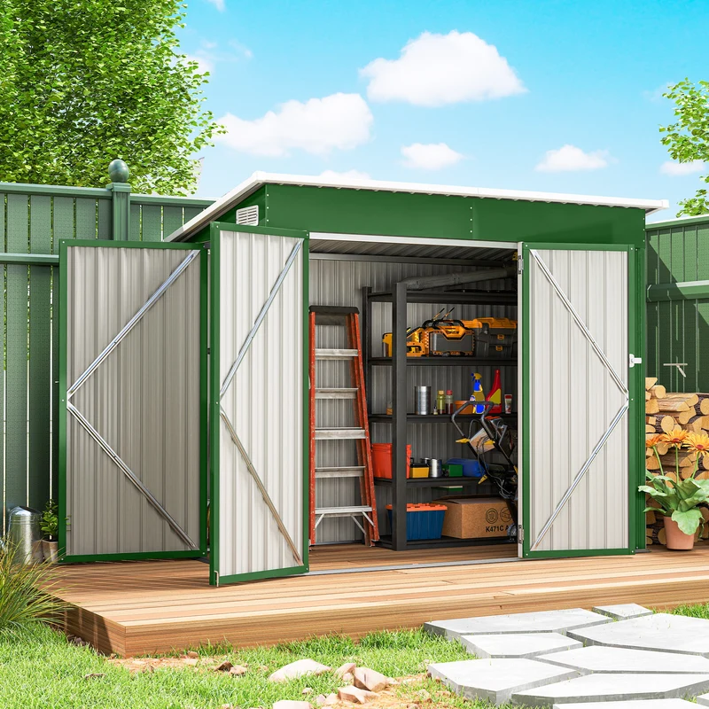 Outsunny Caseta de Jardín Exterior 2,7 m², 234x132x185 cm, Cobertizo de Jardín Exterior Metálico con Triple Puerta, Cerradura, Techo Inclinado y Ventilación para Almacenamiento de Herramientas, Verde
