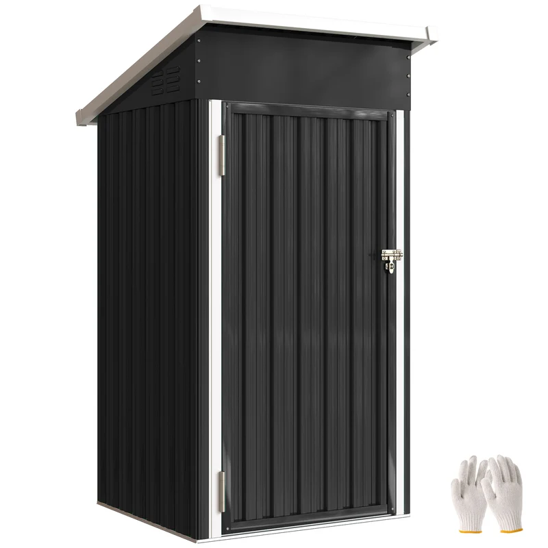 Outsunny Caseta de Jardín Exterior 0,74 m², 107,5x91x185 cm, Cobertizo de Jardín Exterior Metálico con Techo Inclinado, Puerta con Cerradura y Ventilaciones para Almacenamiento de Herramientas, Gris