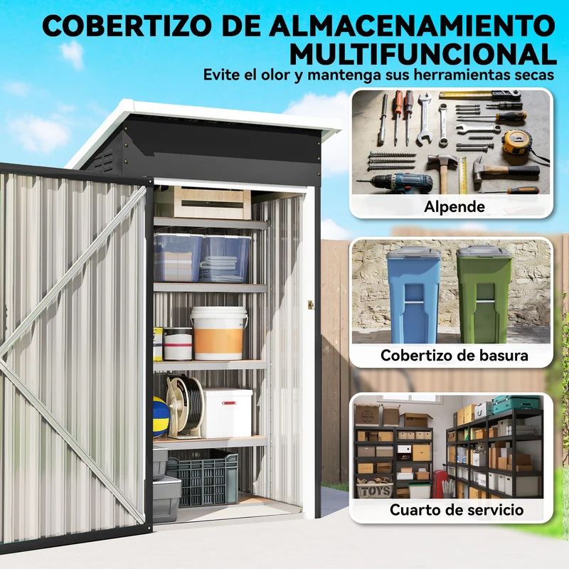 Outsunny Caseta de Jardín Exterior 0,74 m², 107,5x91x185 cm, Cobertizo de Jardín Exterior Metálico con Techo Inclinado, Puerta con Cerradura y Ventilaciones para Almacenamiento de Herramientas, Gris