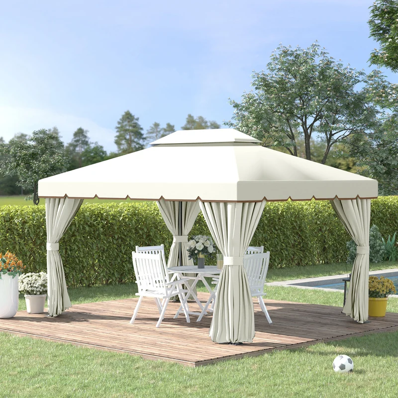 Outsunny Cenador de Jardín 4x3 m Gazebo de Aluminio con Techo de Ventilación 4 Cortinas Laterales 4 Mosquiteras y 8 Orificios de Drenaje para Fiestas Eventos Exterior Blanco