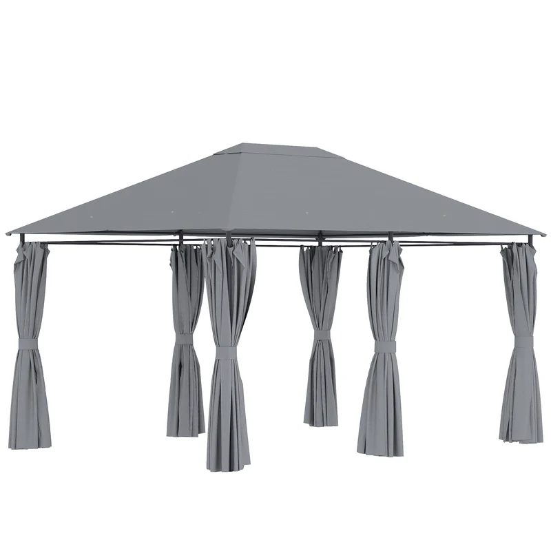 Outsunny Cenador de Jardín 4x3 m Pabellón de Exterior con 6 Paredes Laterales 8 Orificios de Drenaje y Marco de Acero Gazebo para Fiestas Patio Terraza Gris