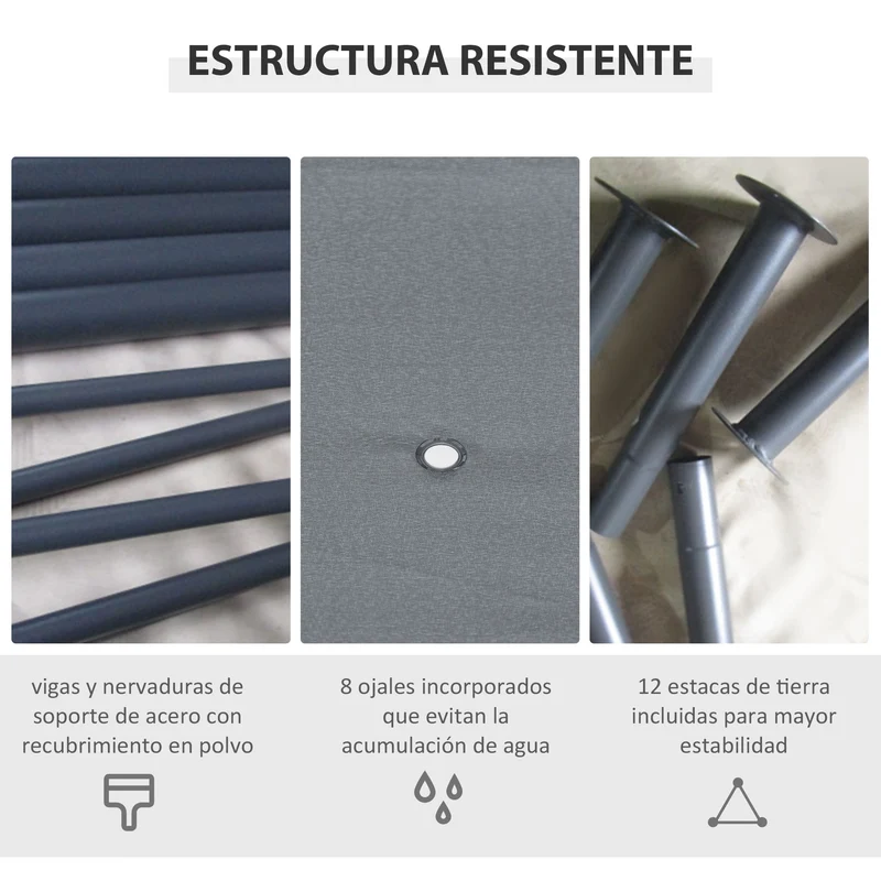 Outsunny Cenador de Jardín 4x3 m Pabellón de Exterior con 6 Paredes Laterales 8 Orificios de Drenaje y Marco de Acero Gazebo para Fiestas Patio Terraza Gris