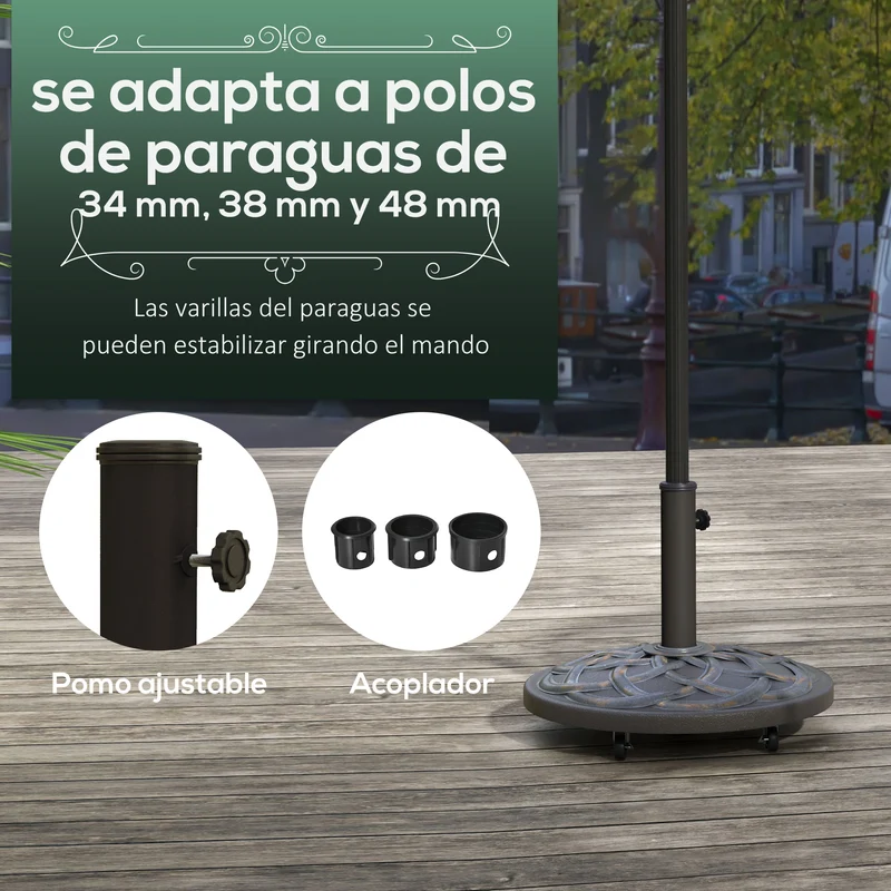 Outsunny Base de Sombrilla Peso 25 kg Soporte para Parasol Redondo de Metal y Cemento para Poste de Parasol de Ø34/38/48 mm con 4 Ruedas para Terraza Jardín Playa Ø52x38 cm Bronce