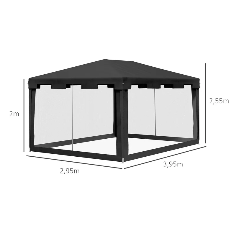 Outsunny Carpa de Jardín 4x3 m Cenador Desmontable Exterior con 4 Mosquiteras Laterales 2 Puertas con Cremallera y 6 Orificios de Drenaje Impermeable Anti-UV para Terraza Patio Playa Gris Oscuro