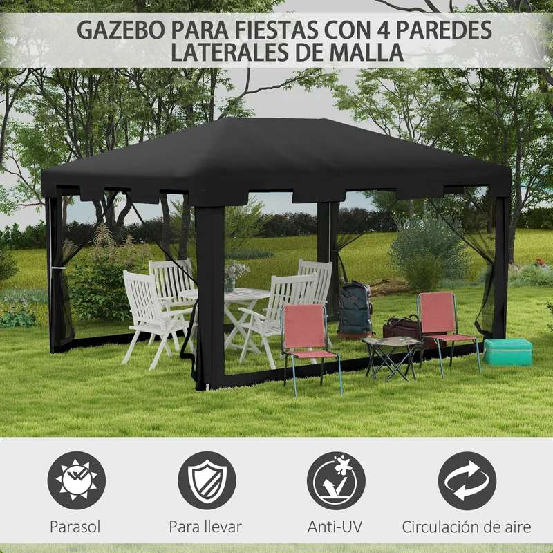 Outsunny Carpa de Jardín 4x3 m Cenador Desmontable Exterior con 4 Mosquiteras Laterales 2 Puertas con Cremallera y 6 Orificios de Drenaje Impermeable Anti-UV para Terraza Patio Playa Gris Oscuro