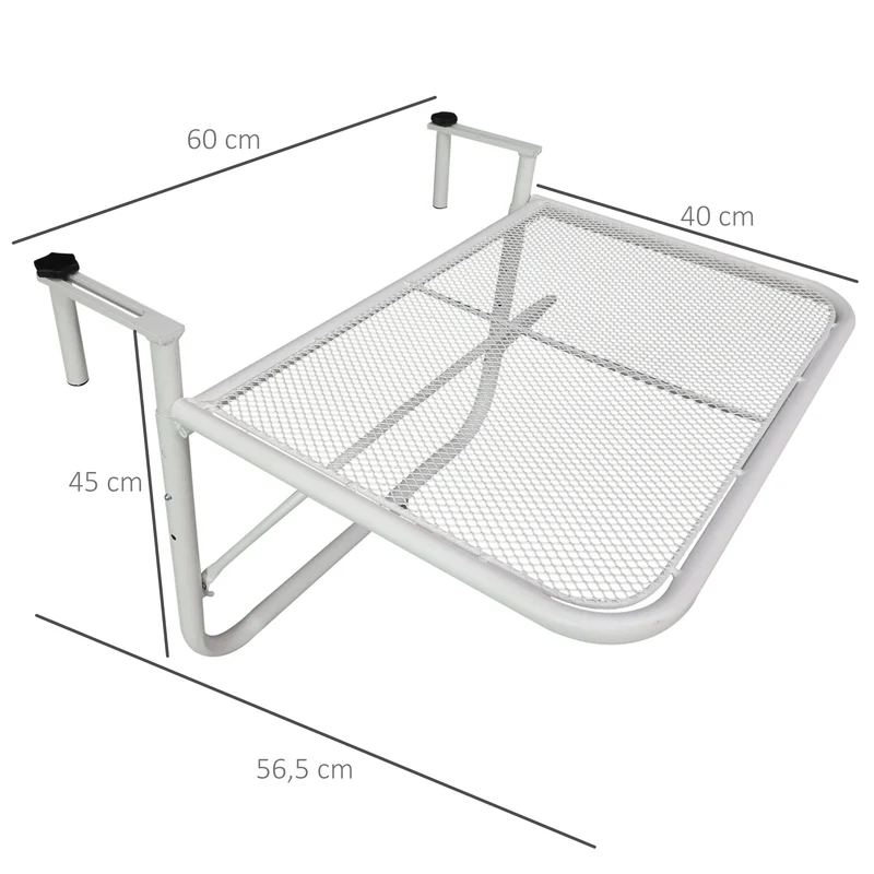 Outsunny Mesa Colgante de Balcón con Brazo Regulable y Altura Ajustable en 3 Posiciones Marco Metálico Carga Máx. 30 kg 60x56,5x45 cm Blanco