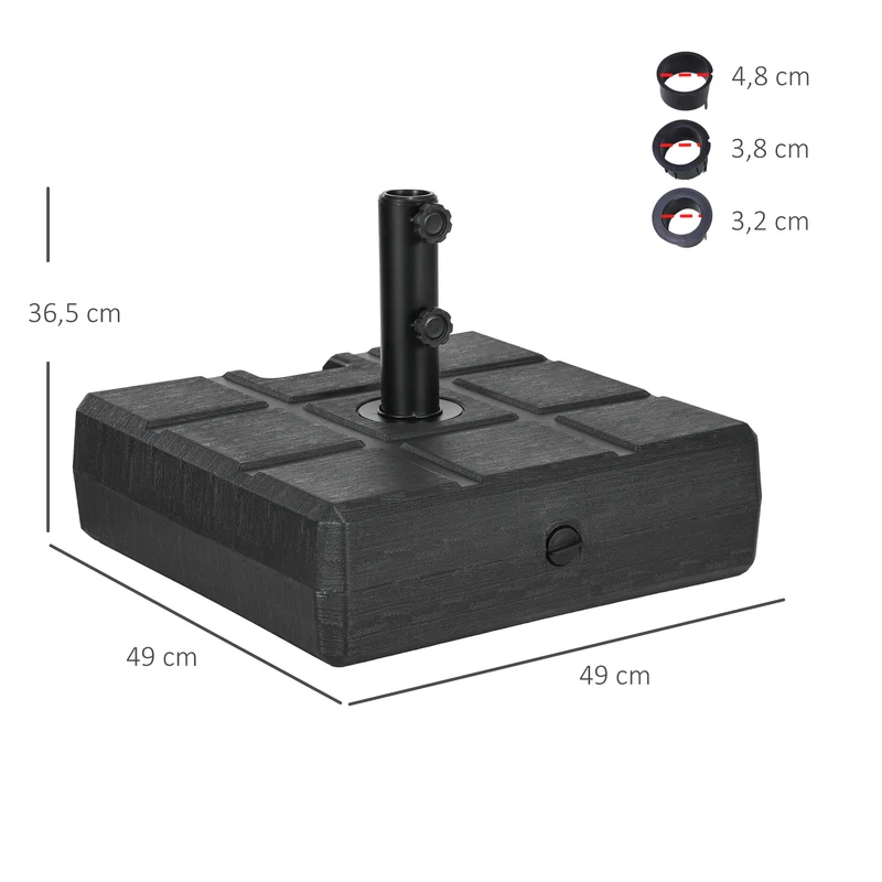 Outsunny Base de Sombrilla Rectangular Soporte para Parasol Rellenable de Agua 30 kg y Arena 40 kg para Poste de Paraguas de Ø32/38/48 mm para Terraza Patio Jardín 49x49x36,5 cm Negro