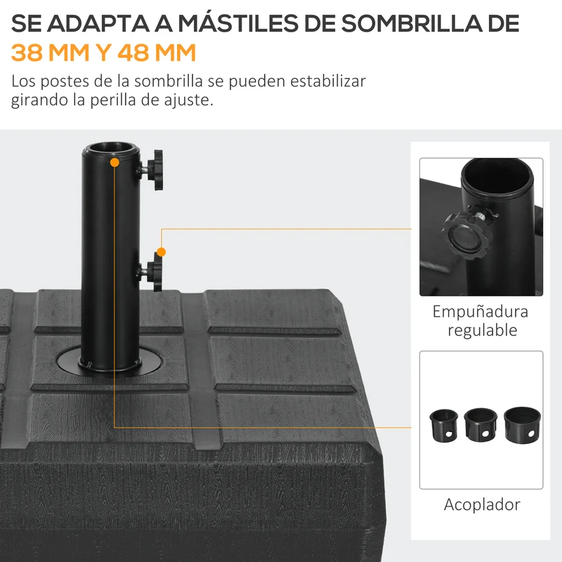 Outsunny Base de Sombrilla Rectangular Soporte para Parasol Rellenable de Agua 30 kg y Arena 40 kg para Poste de Paraguas de Ø32/38/48 mm para Terraza Patio Jardín 49x49x36,5 cm Negro